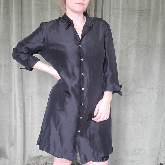 Vintage OfficeSiren Silk Button Down Long Sleeve Midi Dress